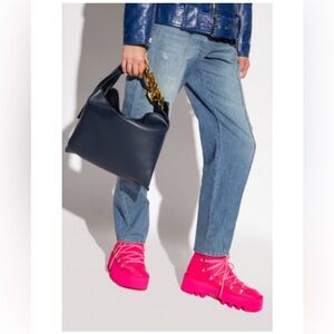 Leather Top-Handle Tote in Navy with Gold Chain Detail